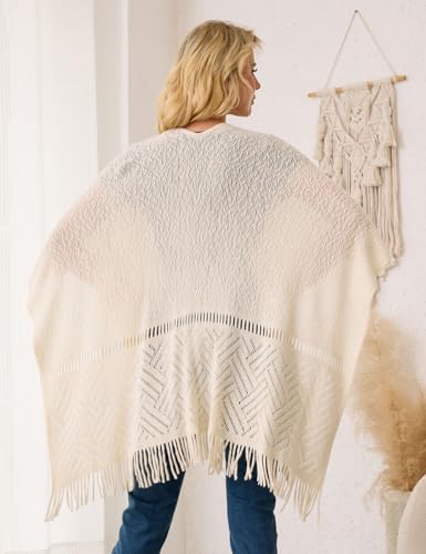 Ferand Women's Lightweight Crochet Shawl Wraps Open Front Knit Fringe Poncho for Spring Summer 5