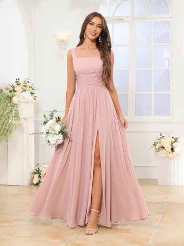 Chiffon Bridesmaid Dresses for Women Ruched Long Spaghetti Straps Formal Evening Gown with Pockets2