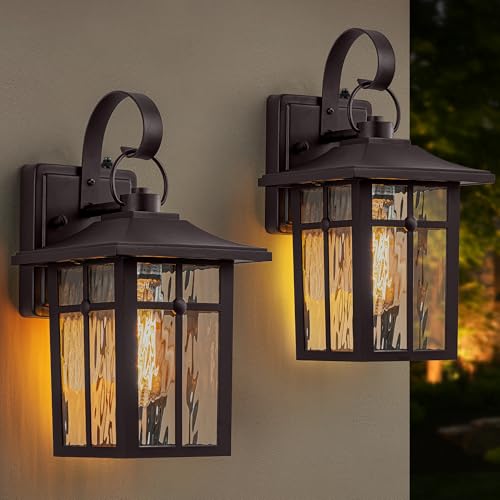 Image of 2 Pack Dusk to Dawn Outdoor Wall Lights, Brown Porch Lanterns | Aluminum Garage Light, Ripple Glass, Weather Resistant, For Garage Patio Entryway