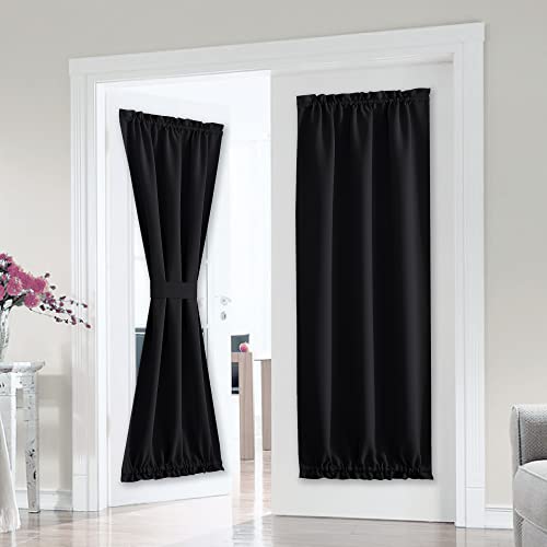 PONY DANCE Blackout Curtain for French Door - Thermal Insulated Window Shade with Tieback, Privacy Panel for Sidelight or Front Door, W25 x L80 Inches, Black, 1 Panel