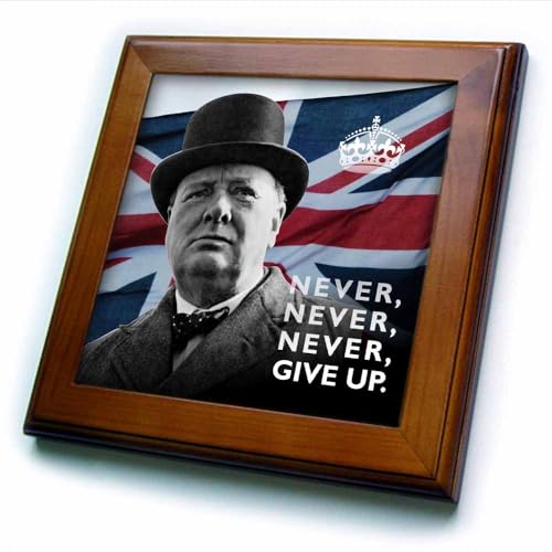 3dRose ft_220216_1 Winston Churchill- Never Give Up Quotation Over Union Jack Background-Framed Tile, 8 by 8