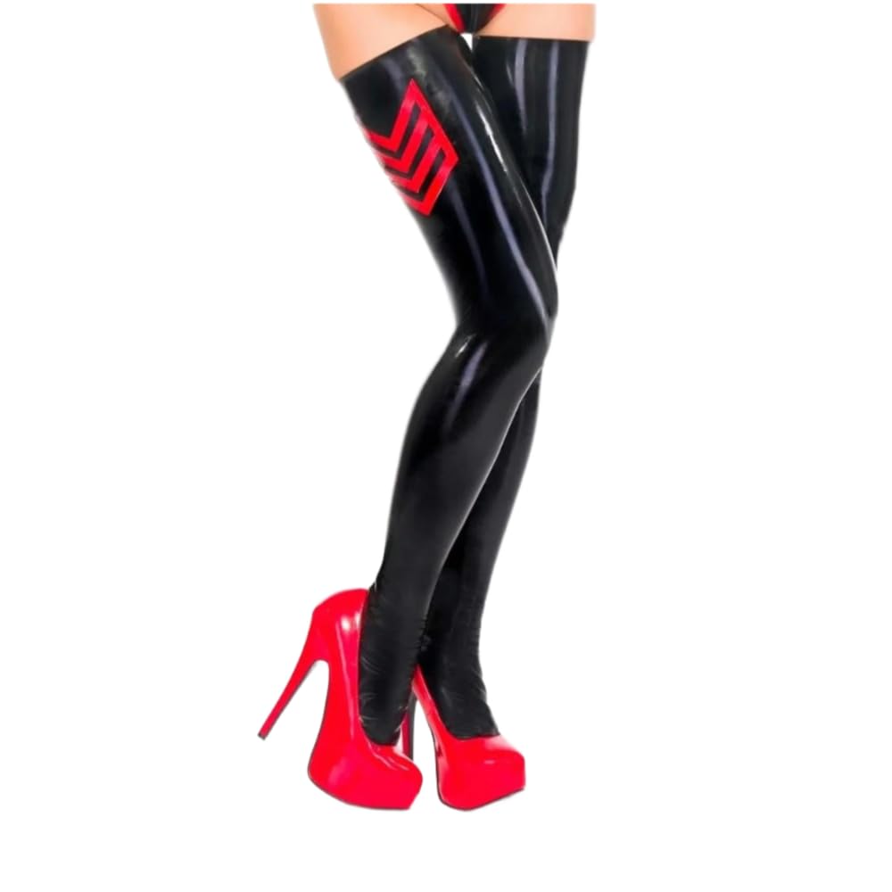 TIANXIAOQWE Handmade 100% Latex Thigh High Stockings with Red Decoration for Fetish Halloween Christmas Party