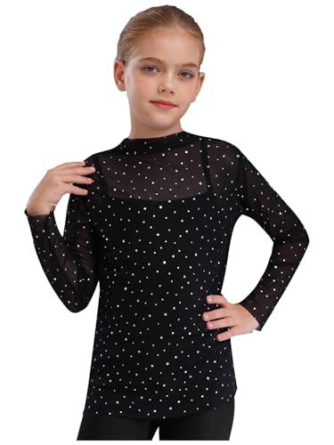YEAHDOR Kids Girls Glittery Sheer Mesh Tops Long Sleeve Shiny Rhinestones Tee Shirts Blouses Dance Tops2