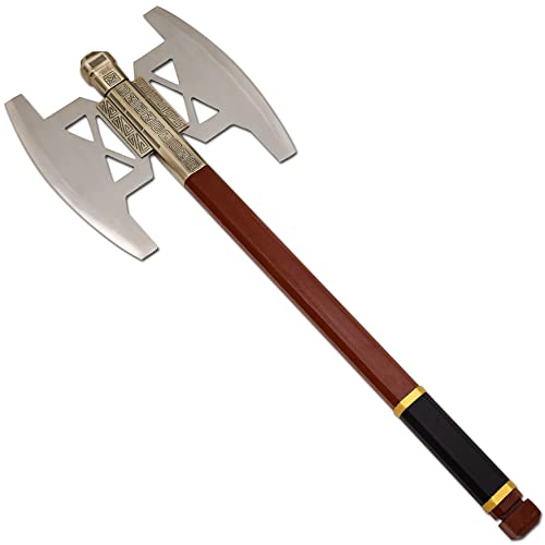 Medieval Warrior Fantasy Double-Bit Battle Axe - Heavy Duty Two-Handed Norse War Axe with Engraved Geometric Brass Collar, Cutout Blades, and Dual-Tone Wood Finish Handle