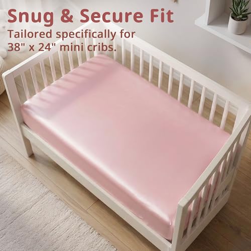 Image of Pro Goleem Satin Mini Crib Sheets 2 Pack, Pink & Purple Silky Soft Fitted Sheet for Baby Hair Protection, 38 inchx24 inchx5 inch Breathable Mattress Cover Compatible with Pack n Play & Portable Crib