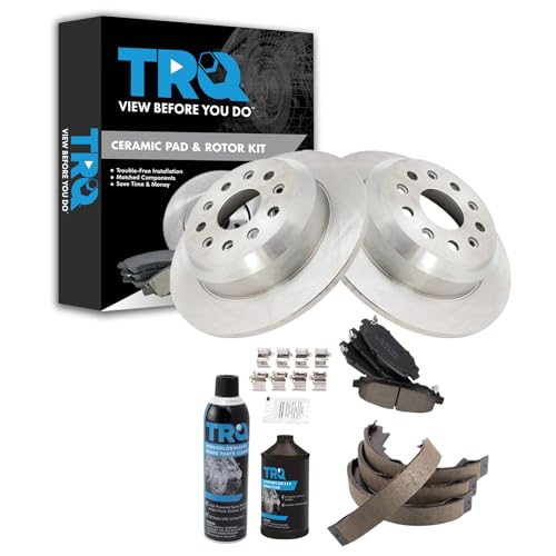 Image of TRQ Rear Brake Pad & Rotor Kit, with Chemical Kit Parking Brake Shoe Set Ceramic Compatible with 2018-2021 Jeep Wrangler