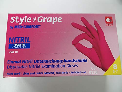 Style Grape (Bordeaux) by Med Comfort Guantes de nitrilo sin polvo 100 unidades tamaño S