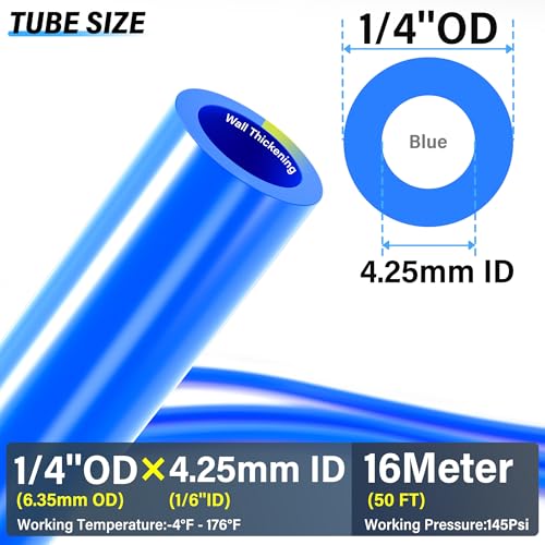 Image of TAILONZ PNEUMATIC Blue 1 /4 Inch OD 16 Meter 50ft PU Polyurethane Air Tubing Kit Pipe Hose Air Line Tubing Air Hose Fittings Push to Connect Fittings(27PCS)