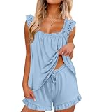 Ruffle Pajama Sets: Womens pajama set is made of 95% Polyester and 5% Spandex. Camisole top is designed with ruffles at the straps and the hem of the top is slightly wide, A shape, with a princess-skirt style. Ruffle hem shorts with elastic string(no...