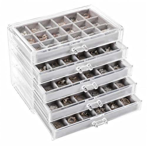 PNSXING Jewelry Organizer Box, Clear Acrylic, 5 Drawers, Grey