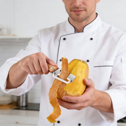 Foto von 2er-Set Multifunktionaler Edelstahl-Schäler mit Holzgriff, scharfes Schälmesser für Kartoffeln, Obst und Gemüse, ergonomischer Küchenhelfer (C)