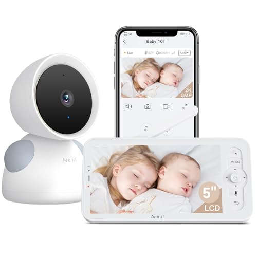 Image of ARENTI Baby Monitor, 2K /3MP WiFi 6 Camera and Audio, 5-inch Wireless Screen, Smartphone App, Super Night Vision, Crying Detection, Auto Tracking, Temp&Humidity Sensor, Cloud&SD Card Storage (D3 Kit)