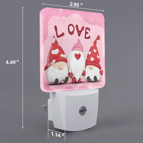 Image of Red Love Hearts with Gnome LED Plug-in Night Lamp 2 Piece Set, Auto Sensor Nightlights Set of 2 for Bedroom Bathroom