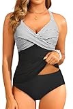 Tempt Me Women Tummy Control Tankini Swimsuit - Black Striped Ruched Two Piece Bathing Suits Underwire V Neck Swimwear with Bottom 2026 XL