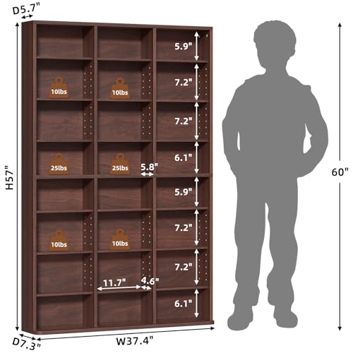 LELELINKY 8 Tier Tall Display Cabinet, Walnut Media Storage Cabinet with Adjustable Shelves, Free Standing DVD Organizer Shelf, Floor Multimedia Storage Manga Bookshelf for Living Room & Home Office.