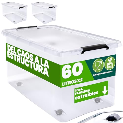 Deuba® 2X Cajas de Almacenamiento 60L Tapa Clips de Cierre Transparentes Almacenaje Juguetes Ruedas Apilable