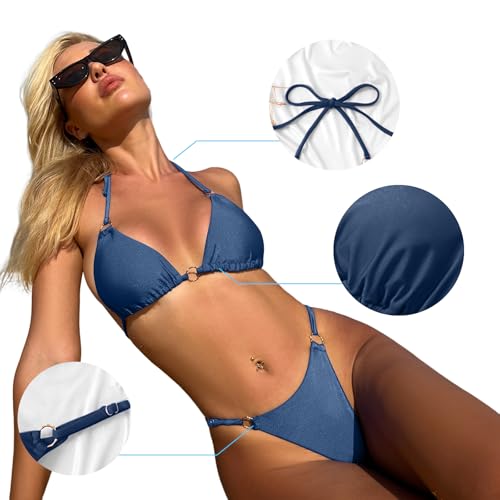 Image of MIKETAI Sexy Bikinis for Women 2 Piece Bikini Spaghetti Strap Swimsuits Solid Color Bathing Swimwear Triangle Bathing Suit