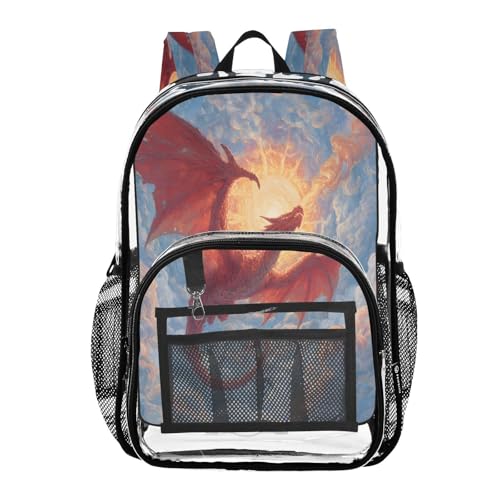 Cloud Red Dragon Sun Clear Backpack Heavy Duty See Through Transparent PVC BookBag for Kids Boy Girl School Work