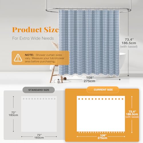 Image of BTTN Extra Wide Shower Curtain - 108x72 Inch Boho Farmhouse Fabric Weighted Linen Shower Curtain Set with 18 Hooks, Large Country Hotel Neutral Waterproof Cloth Shower Curtains for Bathroom, Blue