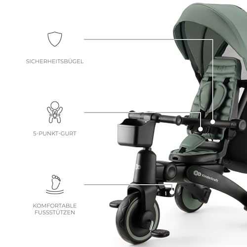 Kinderkraft Jazz 2, 6-IN-1-DREIRAD MIT LAUFRADFUNKTION, Kinder Fahrrad, Kinderwagen, Klappbar mit Zubehör, UPF50+ UV-Schutz, von 9 Monaten bis 5 Jahren an, Grün