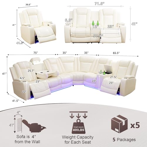 Image of Leather Power Recliner Sectional Sofa Set with LED Light,L Shaped Leather Sectional Set with 5 Recliner Seats,Modular Sofa and Loveseat with USB Port for Living Room Furniture