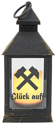 WB wohn trends Kunststoff-Laterne mit LED-Kerze & Timer, Glück auf! Schlägel und Eisen, schwarz 24x10,5x10,5cm, Batterie LED-Licht LED-Laterne LED-Lampe mit Text Spruch