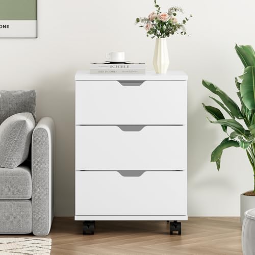 Image of Farini 3-Drawer Under Desk Wooden File Cabinet with Lockable Caster Storage Cabinets for Home Office,White,Required Assembly