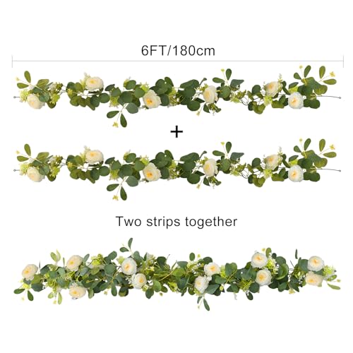 2 Pack 12Ft Artificial Eucalyptus Flower Garland,Flower Garlands with 6 White Roses,Eucalyptus Garland with Flowers Use for Wedding/Table/Backdrop/Arch Birthday Party Indoor Outdoor Decor