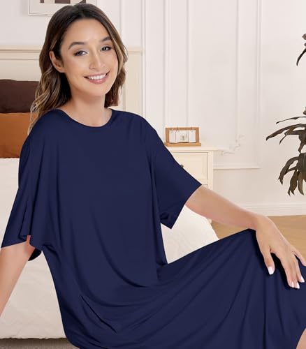 Image of NACHILA Women's Nightgowns-Viscose Made from Bamboo, Soft Sleepshirts Half Sleeve Nightshirt Cool Sleepdress with Pockets