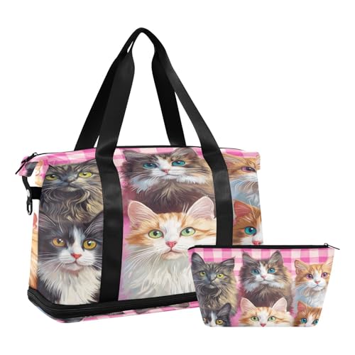 Long-haired Cats Gym Bag for Women Sport Travel Duffel Bag Shoulder Weekender Overnight Bags with Wet Pocket & Shoe Compartment