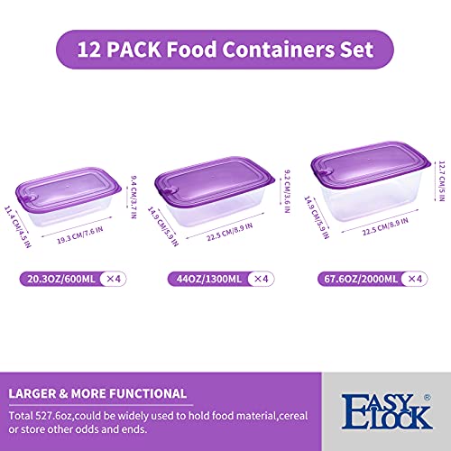 Kigi 【12 Pack】 Mixed Sizes Plastic Food Storage Containers Set With Lids Airtight Square Meal Prep Containers,Home Kitchen Pantry Containers (Transparent Purple, 20.3Oz*4+44Oz*4+67.6Oz*4-12 Pack) #TOP1