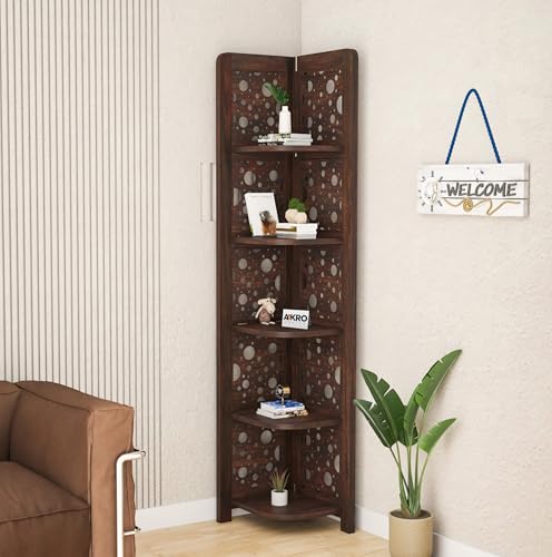 Image of Sheesham Wood Cricle Corner Shelf for Living Room Bedroom Home | CNC 5 Tier Corner Bookshelf | Wooden Ladder Bookcase Display Unit (Walnut Finish)