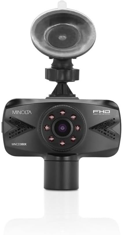 Minolta 2-Channel 1080p Dash Cam with Interior Camera – Night Vision, G-Sensor, Loop Recording, Motion Detection, 2.7” LCD Screen, 120° Wide Lens, USB Power, Dual View, 16GB Card, Compact (Black)