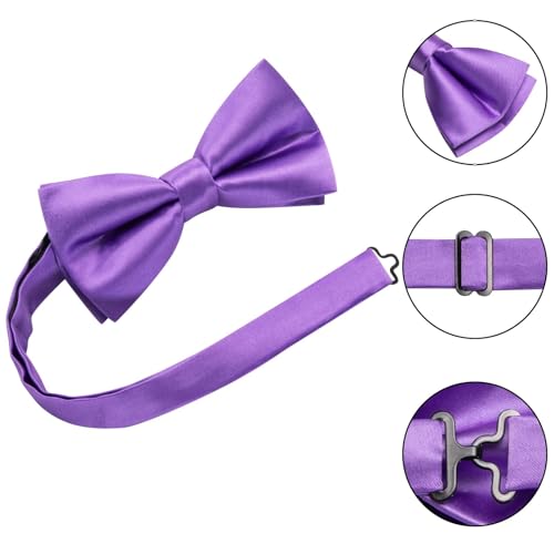 Image of Hi-Tie 5Pcs Mens Solid Color Silk Tie Satin Pretied Bowtie Lapel Pin for Men Handkerchief Cufflink Wedding Gift Box