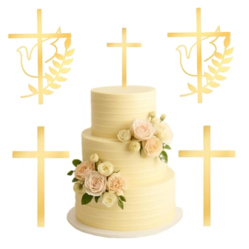 ZMDMAH 4 piezas decoración para tarta comunión, decoración de tartas, cruz, decoración para tarta de comunión, paloma, oro, acrílico, decoración de comuniones, decoración para tartas, decoración para