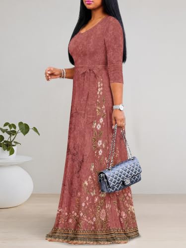 Image of PinkPatty Plus Size Maxi Dress for Women Casual V Neck 3 /4 Sleeve Boho Printed Long Dress with Pockets