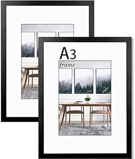 A3 Frame, 11.7x16.5 Inch (29.7x42 cm) 2 Pack Wooden A3 Picture Frame, A3 Poster Frame with Mount Frame for A3 Print and A4 Photo, A3 Black Photo Frame Wood with Plexiglass for Wall Mount