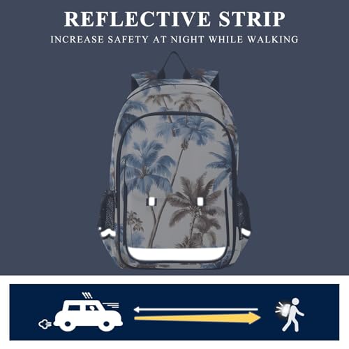 senya Blue Gray Coconut Tree Backpack Water-Resistant Bag Lightweight Bookbags with Reflective Strip4