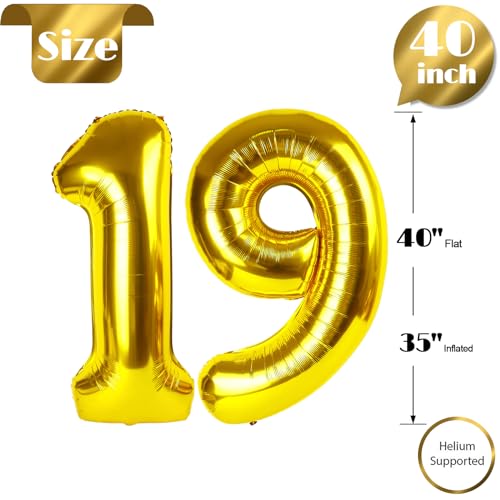 Image of Gold 19 Balloon - Number Balloon 40 Inch, 19th Gold Birthday Decorations