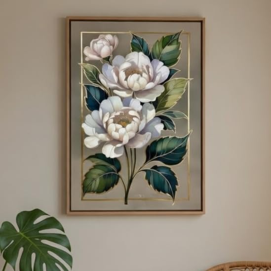 Image of SAF Elegant White Floral Wall Painting with Wooden Frame | Luxury Flower Artwork HD UV Laminated MDF Wall Decor | Botanical Flower Wall Art for Living Room Bedroom Office Decor 13.5 Inch x 19.5 Inch