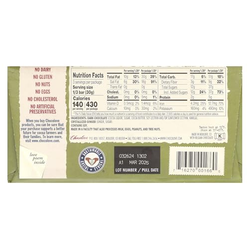 Chocolove Xoxox Premium Chocolate Bar - Dark Chocolate - Ginger Crystallized - 3.2 Oz Bars - Case Of 12