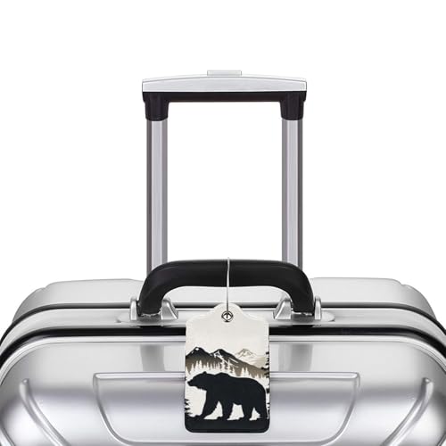 Bear and Mountain Leather Luggage Tag with Stainless Steel Ring, Fun Name Id Card Cover Travel Bag Tag Set, Suitable for Travel Bag Luggage Women Men 2 PCS2