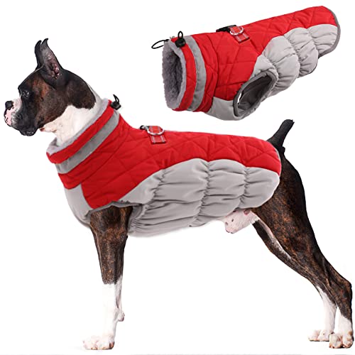 Image of Lelepet Dog Coat Warm Dog Winter Coat Waterproof Dogs Jacket with Harness | Reflective Pet Fleece Vest Zip-Up Cold Weather Coats for Medium Dogs Turtleneck & Windproof Padded Coats Dachshund Red M