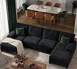 U-Shaped Sectional Sofa with Double Chaise,Linen Fabric 4-Seat Modern Couch, Removable Pillows for Apartment Living Room, Black