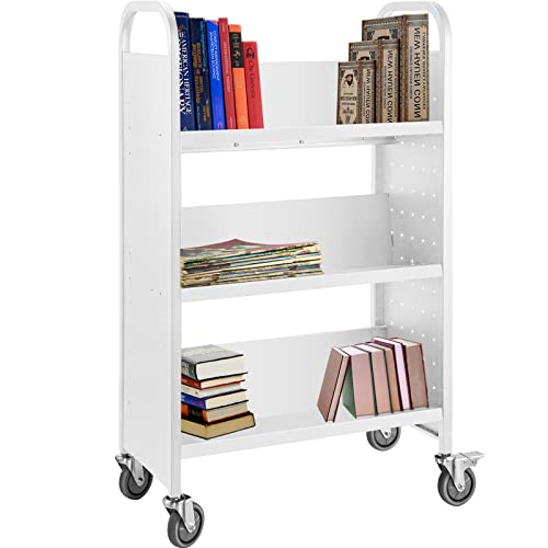 Vevor Book Cart, 200Lbs Library Cart, 30X14X49 Inch Rolling Book Cart, Single Sided V-Shaped Sloped Shelves With 4 Inch Lockable Wheels, For Home Shelves Office And School Book Truck In White #TOP6