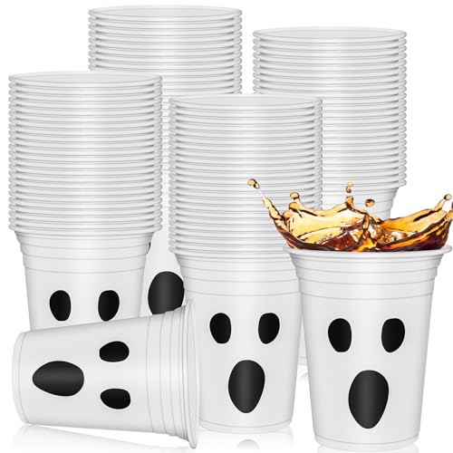 50Pcs Halloween Plastic Cups 12oz White Black Ghost Design Disposable Cups Spooky Halloween Party Cups for Hot Cold Drinks Coffee Juice Beer Candy Snacks