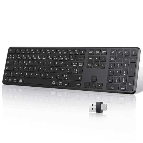 TECURS Clavier sans Fil Bluetooth Clavier Rechargeable AZERTY 2.4G Wireless Keyboard avec 3 Canaux Bluetooth, Ultra-Mince, pour Apple MacOS, Ordinateur, iOS, Android, PC,