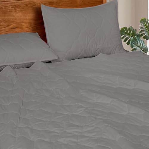 Image of ROYALE LINENS Twin Size 2 pc Quilt Set - Soft Lightweight 100% Microfiber Quilted Set - Solid Bedspread - Quilted Blanket Thin Comforter - Bedding Coverlets for All Seasons (Grey, 1 Quilt- 1 Sham)