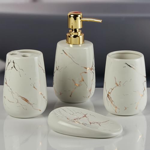 Image of Kookee Ceramic Beige & Gold Marble Bathroom Accessories Set of 4 (8842)