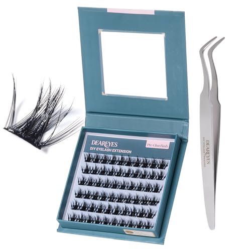 DearEyes Self Adhesive Lash Clusters Kit 54 Pcs Pre-Glued DIY Eyelashes with Thin Band No Glue Needed Cluster Lashes Matte Black Press on Wispy Individual Lashes with Tweezers (DP05-0.07mm-C-12mm)